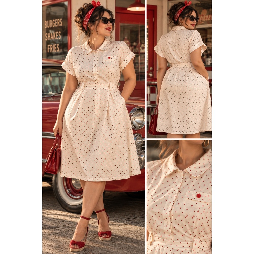 Vintage Rockabilly Shirt Dress Chorus Line California Red Polka Dot  Size 20W